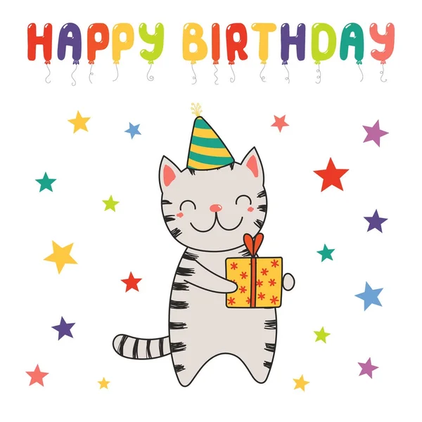 Szczęśliwy Kartkę Życzeniami Urodzinowymi Ręcznie Rysowane Kot Kreskówka Śmieszne Gospodarstwa — Wektor stockowy