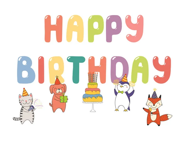 手绘快乐生日贺卡与可爱滑稽的卡通动物和蛋糕 — 图库矢量图片