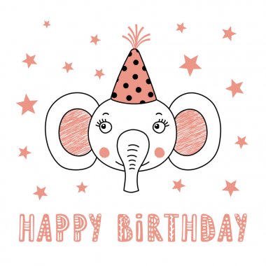 şirin komik fil parti şapkası ve metin mutlu yıllar, vektör, illüstrasyon tebrik kartı el ile çizilmiş
