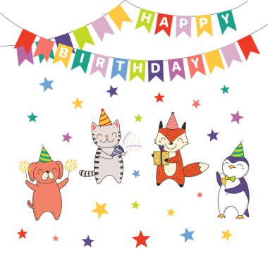 Elle çizilmiş Happy Birthday tebrik kartı şirin komik karikatür hayvanlar, vektör, illüstrasyon