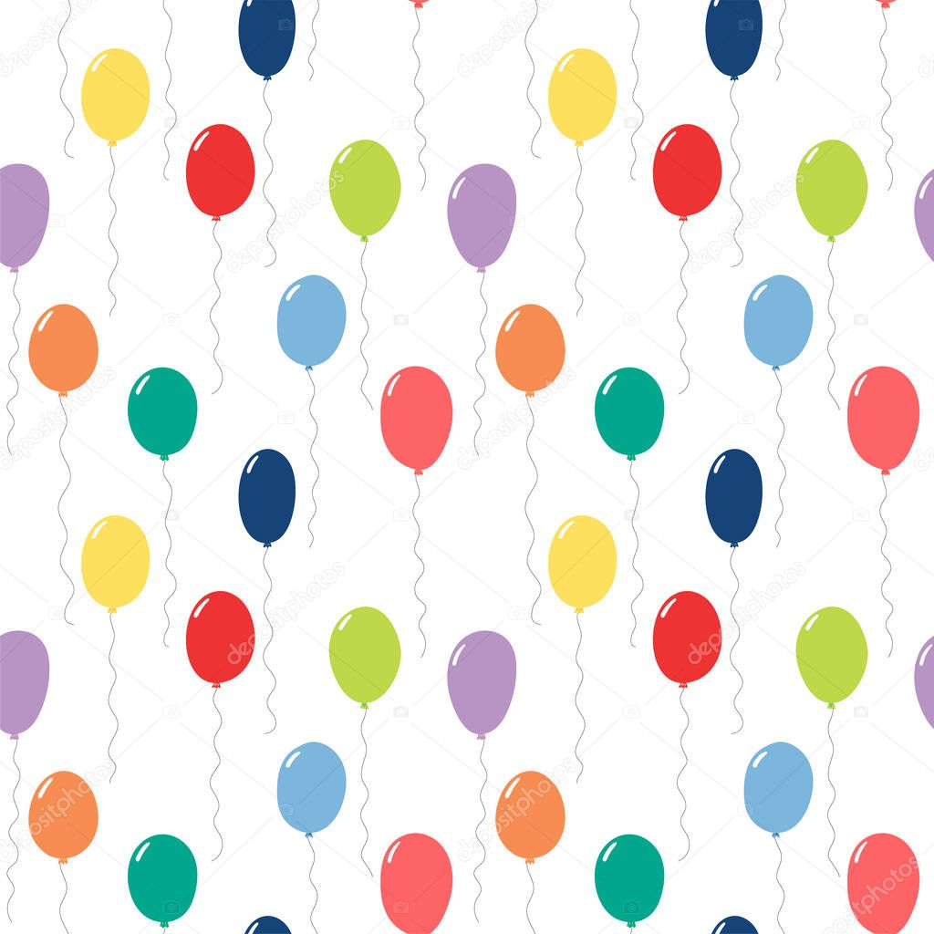 Hand drawn seamless pattern with colorful flying balloons on white background, Design concept for birthday party, vector, illustration