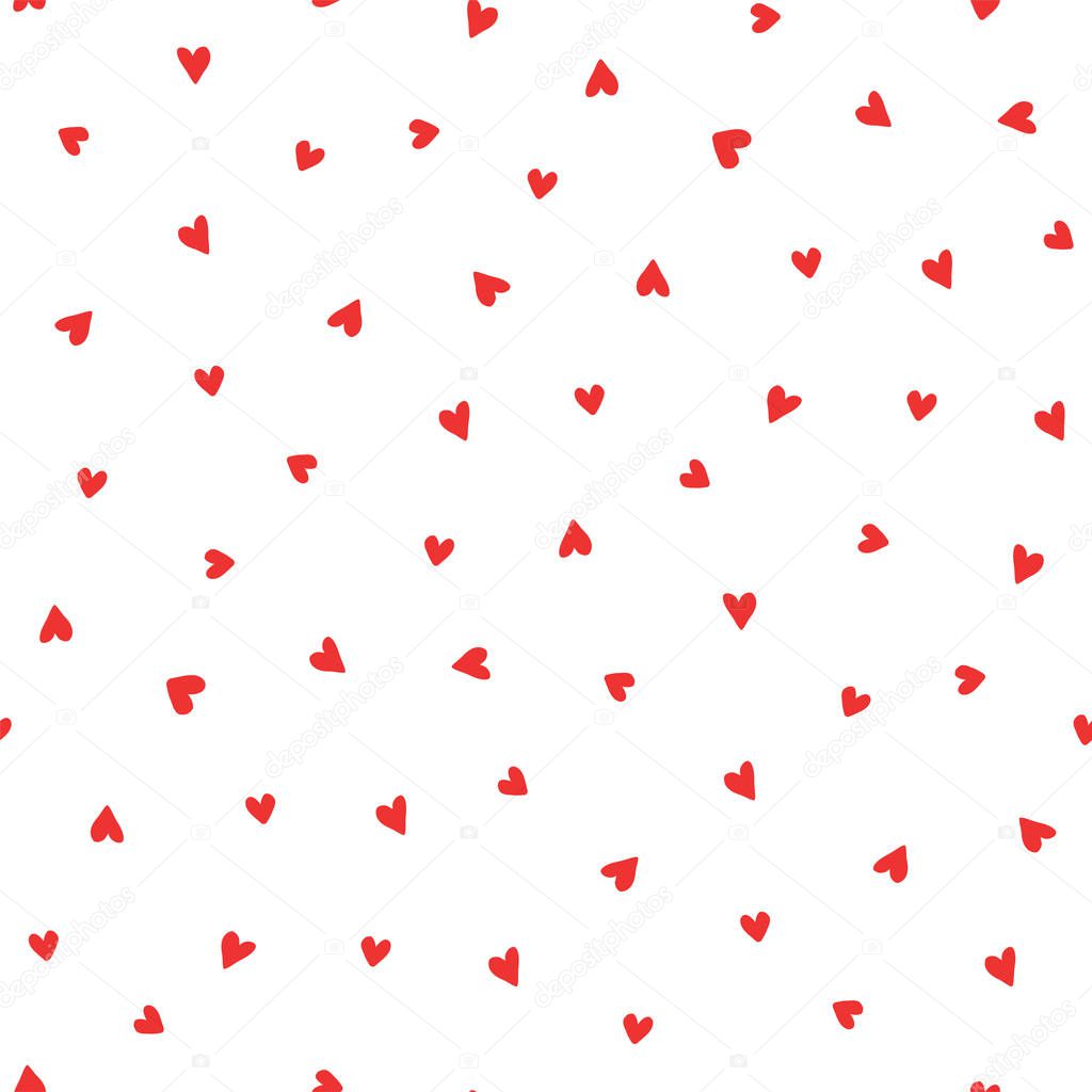 greeting card with hand drawn seamless pattern of red hearts on white background, concept of Valentines day, vector, illustration
