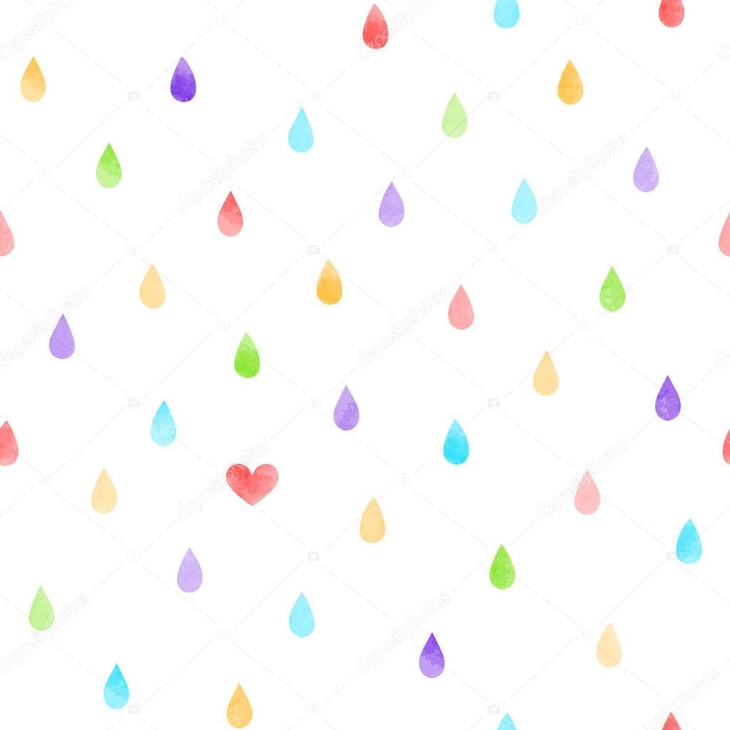 Hand drawn seamless pattern with watercolor rain drops and heart on white background, Valentine day concept , vector, illustration