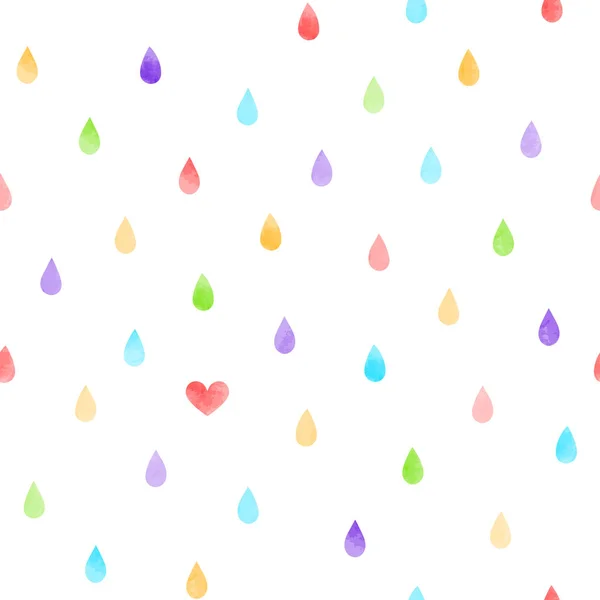 Ručně Tažené Bezešvé Vzor Akvarel Dešťové Kapky Srdcem Bílém Pozadí — Stockový vektor