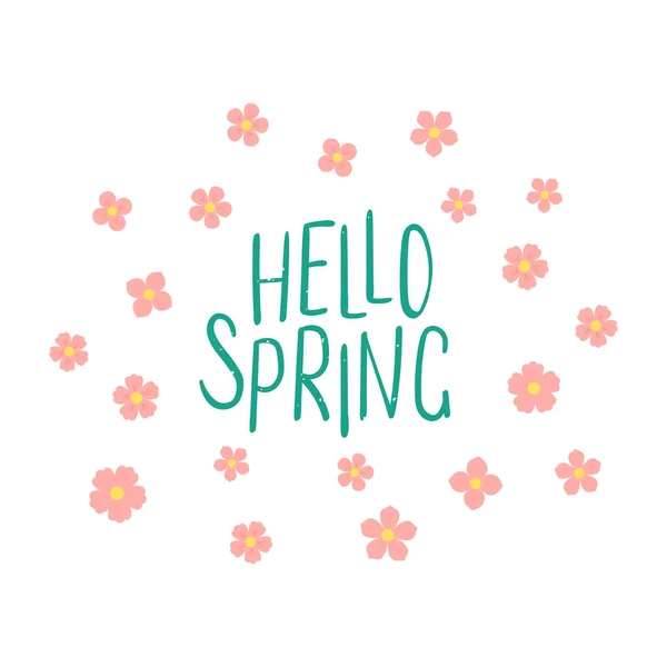 Dibujado Mano Hello Spring Quote Falling Cherry Blossoms Concept Change — Vector de stock