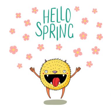 Mutlu bir şekilde metin Merhaba bahar ile düşen kiraz çiçekleri, vektör, illüstrasyon arasında atlama şirin küçük canavar el çekilmiş