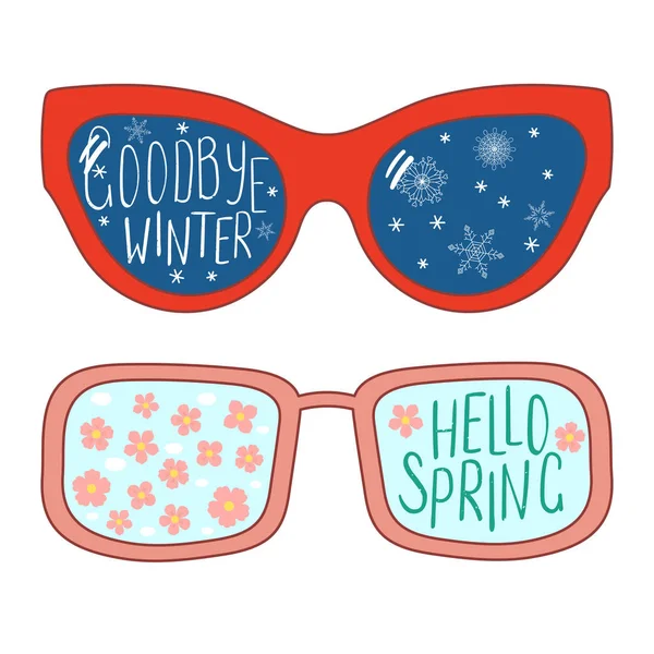 Gafas Dibujadas Mano Con Texto Hello Spring Goodbye Winter Lentes — Vector de stock