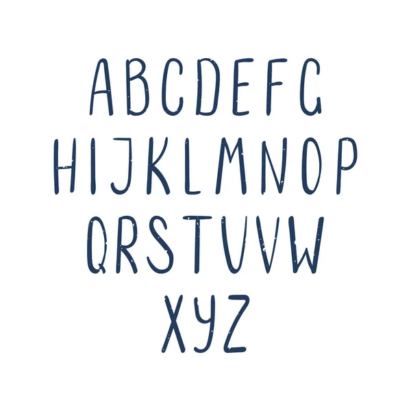 Hand Getrokken Donker Blauwe Latijnse Alfabet Met Verweerde Textuur Vector — Stockvector