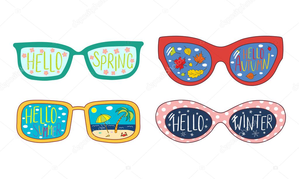 Hand drawn sunglasses with four seasons elements reflected inside lenses, concept for change of seasons, vector, illustration