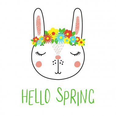 El çekilmiş şirin komik tavşan çiçek ve metin Merhaba Bahar, vektör, illüstrasyon