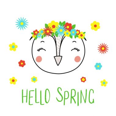 Elle çizilmiş şirin komik baykuş çiçek ve metin Merhaba Bahar, vektör, illüstrasyon