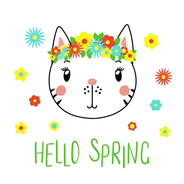 Dibujado Mano Lindo Gato Divertido Con Flores Texto Hola Primavera — Vector de stock