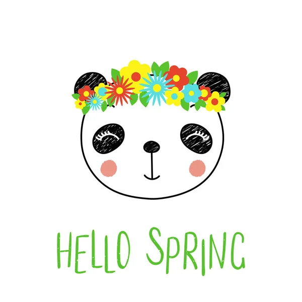 Panda Divertido Lindo Dibujado Mano Con Flores Texto Hola Primavera — Vector de stock