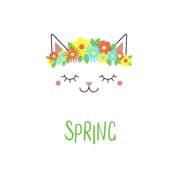 Divertido Gato Dibujado Mano Con Flores Texto Primavera Vector Ilustración — Vector de stock