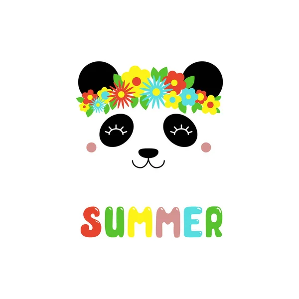 Panda Divertido Dibujado Mano Lindo Con Flores Texto Verano Vector — Vector de stock