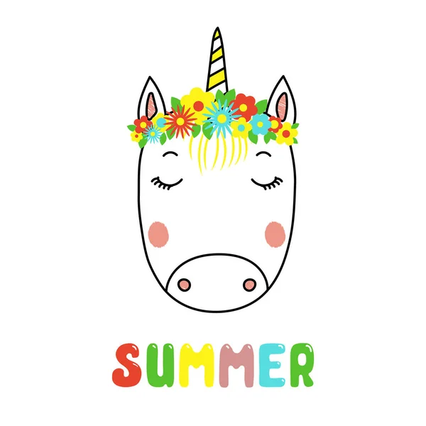 Dibujado Mano Lindo Unicornio Divertido Con Flores Texto Verano Vector — Vector de stock