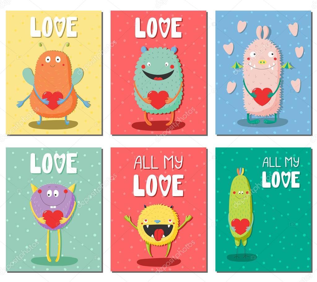 Set of hand drawn cards with cute funny cartoon monsters holding hearts, Valentines day concept, vector, illustration   