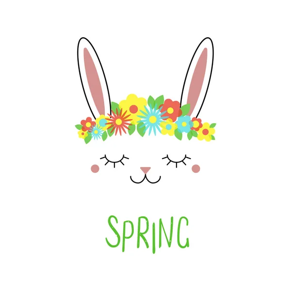 Dibujado Mano Lindo Conejito Divertido Con Flores Texto Primavera Vector — Vector de stock