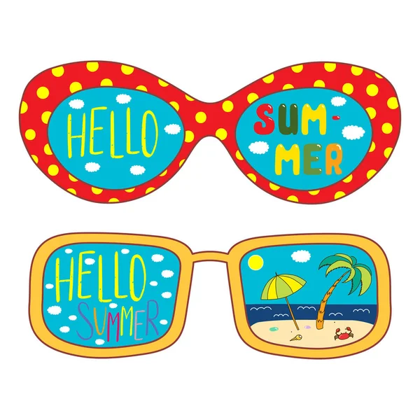 Hand Drawn Oversize Sunglasses Text Hello Summer Beach Scene Reflected — Stock Vector