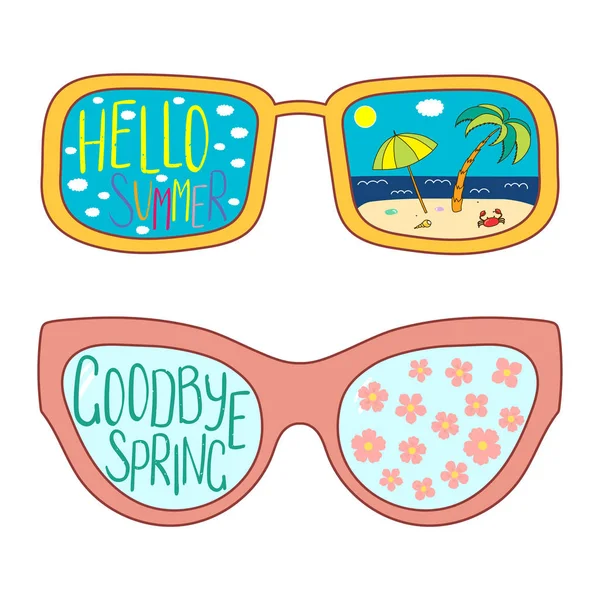 Handgezeichnete Brille Mit Text Hallo Sommer Und Abschied Frühling Mit — Stockvektor