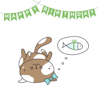 Elle çizilmiş Happy Birthday tebrik kartı ile şirin komik karikatür kedi sırtında yatarken ve düşünme balık, vektör, illüstrasyon kurdele ile