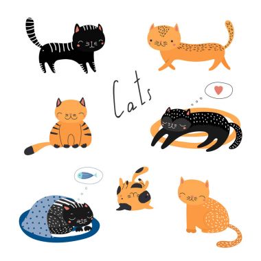 Elle çizilmiş şirin komik karikatür kedi karalamalar, vektör, illüstrasyon topluluğu