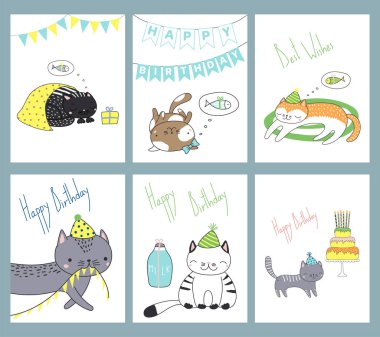 Elle çizilmiş doğum günü kartı şablonları ile parti şapkaları vintage tarzı, vektör, illüstrasyon Kedilerde şirin komik karikatür 