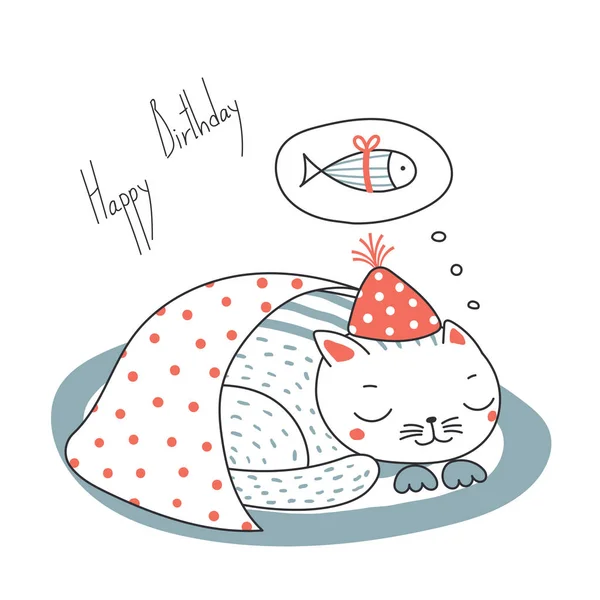 Tangan Digambar Happy Birthday Kartu Ucapan Dengan Lucu Kartun Kucing - Stok Vektor