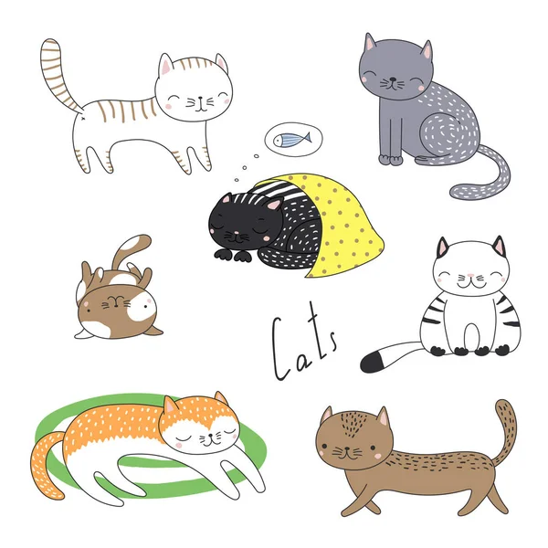 Colección Dibujado Mano Lindo Divertido Gato Dibujos Animados Garabatos Vector — Vector de stock