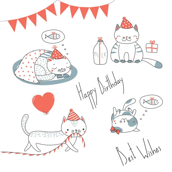 Hand Drawn Happy Birthday Greeting Card Cute Funny Cartoon Cats — Stock Vector