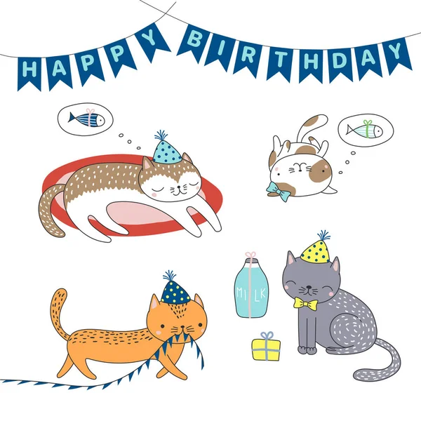 Hand Drawn Happy Birthday Greeting Card Cute Funny Cartoon Cats — Stock Vector