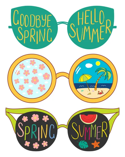 Gafas Dibujadas Mano Con Texto Hello Summer Goodbye Spring Con — Vector de stock