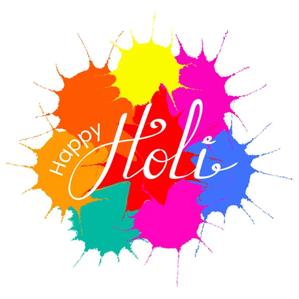 Cita Escrita Mano Happy Holi Con Salpicaduras Pintura Colores Aislados — Vector de stock