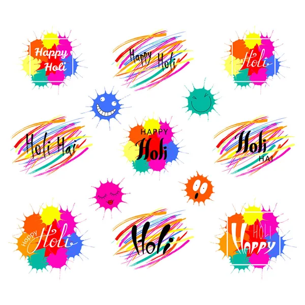 Set Hand Written Holi Quotes Colorful Brush Strokes Paint Splashes — Stock Vector