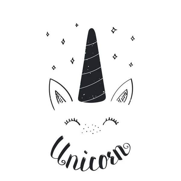 Dibujado Mano Lindo Unicornio Divertido Con Letras Vector Ilustración — Vector de stock