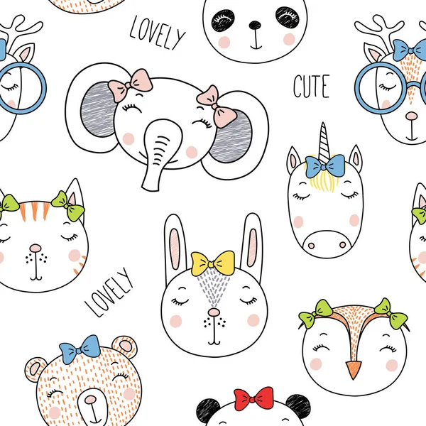 Hand Drawn Seamless Pattern Cute Animal Faces Ribbons Vector Illustration — Stock Vector