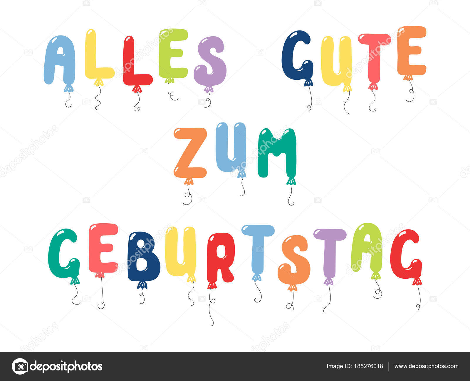 Feliz cumple en aleman Tarjeta Cumpleaños Dibujado Mano Con Globos Colores Las Cuerdas Forma