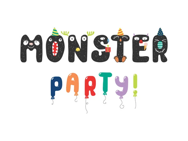 Hand Drawn Cute Funny Monster Party Quote Letters Faces Party — Stock Vector