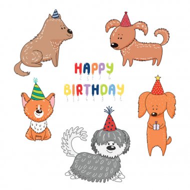 El şirin komik karikatür köpekler parti şapkaları içinde metin mutlu yıllar, vektör, resimde çekilmiş. 