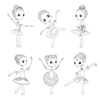El çekilmiş siyah beyaz sevimli küçük dans eden balerin kız farklı pozlar, vektör, illüstrasyon