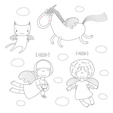 Hand drawn black and white cute little angel girls and cat with wings and unicorn, vector, illustration clipart