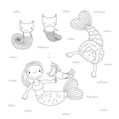 El palet yüzmek ve tüplü maske, vektör, illüstrasyon kedi siyah beyaz sevimli küçük denizkızı kızlarla çekilmiş 
