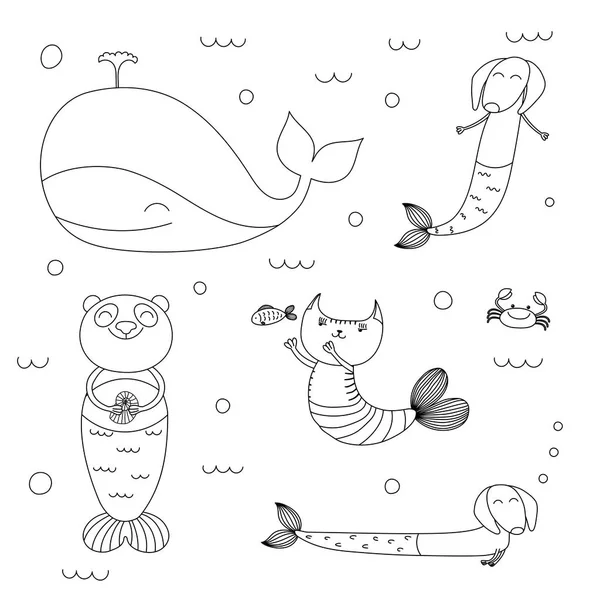Hand Drawn Black White Cute Animals Swimming Sea Vector Illustration — Stock Vector