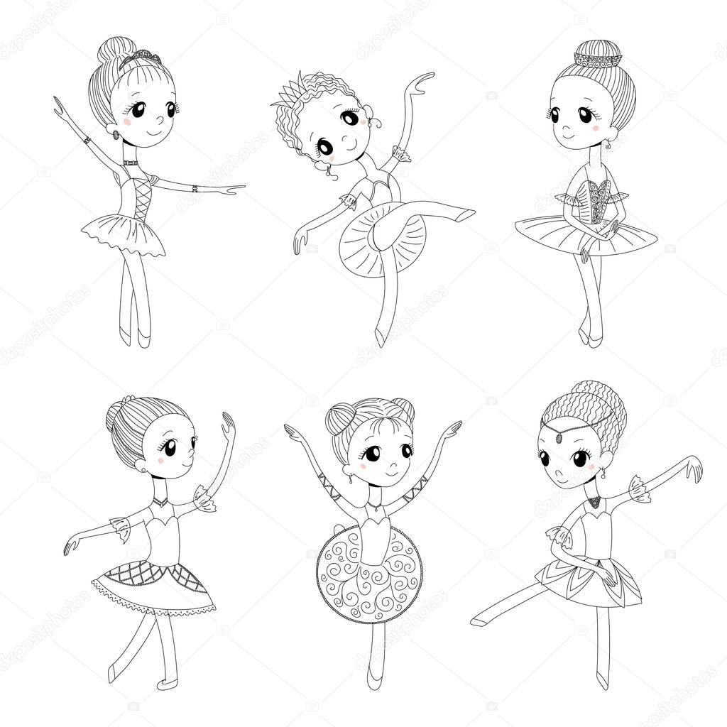 Hand drawn black and white cute little dancing ballerina girls in different poses, vector, illustration
