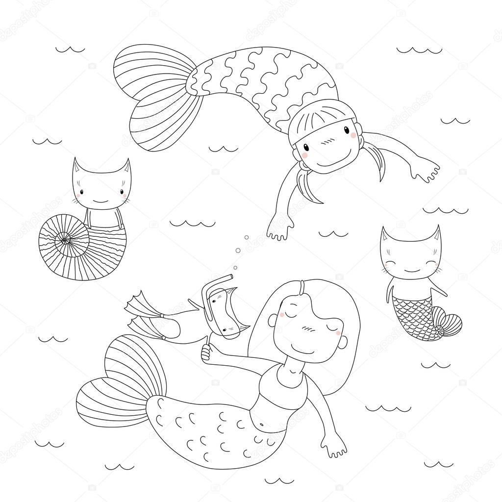 Hand drawn black and white cute little mermaid girls with cat in swim fins and scuba mask, vector, illustration 