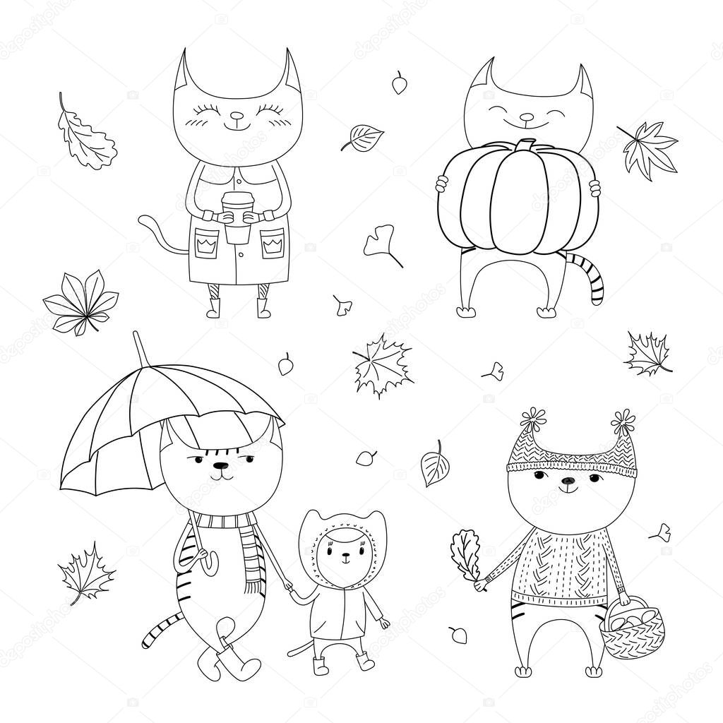 Hand drawn black and white cute cats, vector, illustration