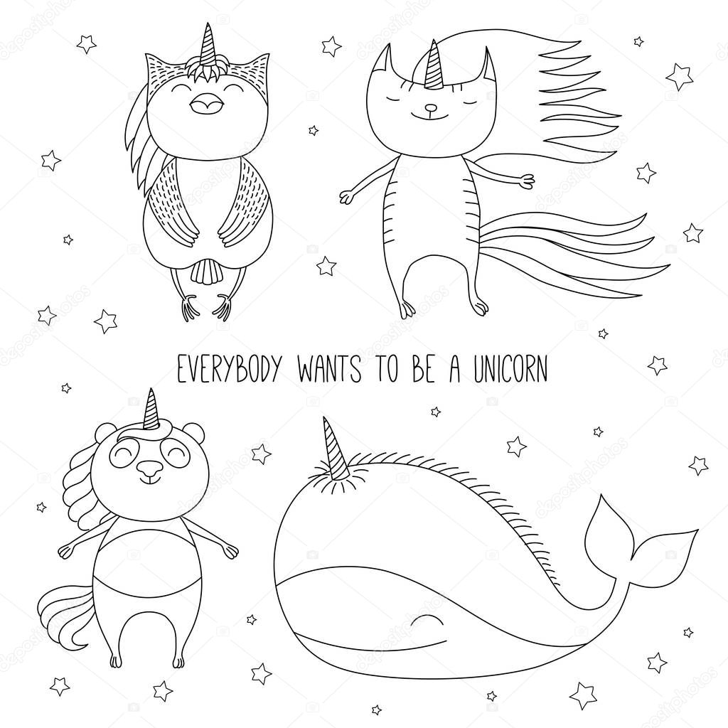 Hand drawn black and white cute animals with unicorn horns lying among stars, vector, illustration