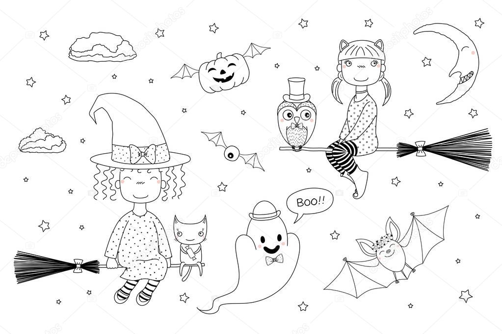 Hand drawn black and white cute funny witch girls flying on broomsticks, vector, illustration