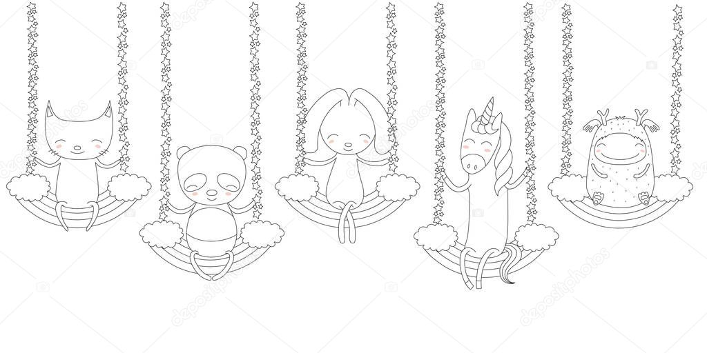 Hand drawn black and white cute funny animals swinging on rainbows, vector, illustration