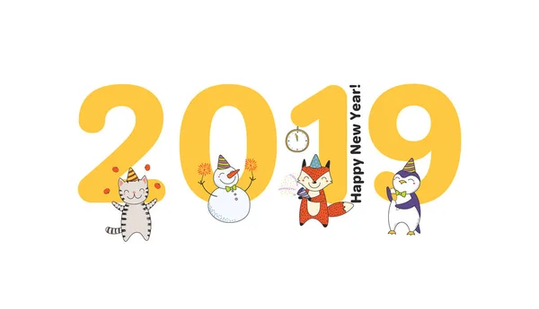 Carte Vœux Nouvel 2019 Dessinée Main Avec Grands Nombres Des — Image vectorielle